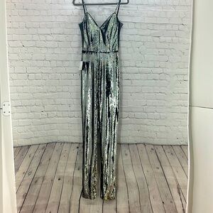 Jovani Silver Jumpsuit rainbow sparkly womenโs size 8 new